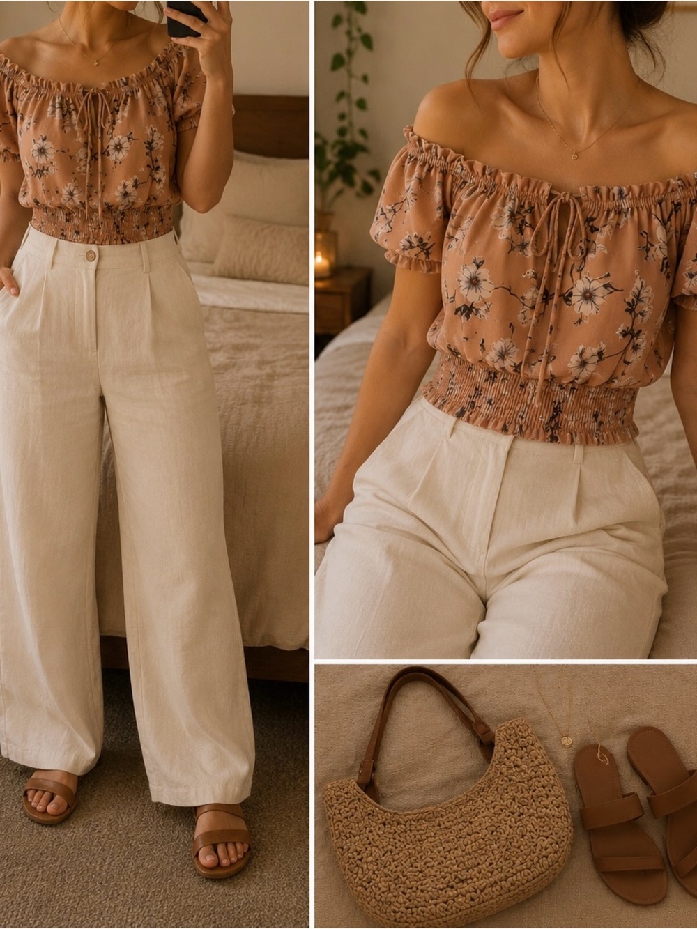NWOT Floral Off-Shoulder Papaya bohemian balletcore beach Smocked Top Tan size S